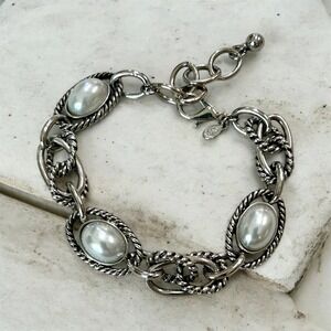 Premier Design Silver Tone Faux Pearl Link Bracelet Textured Oval Cabochon